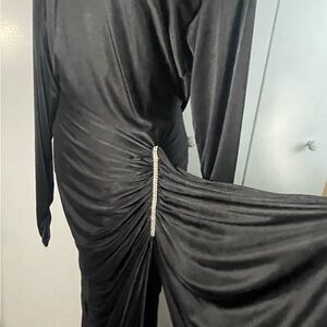 Hollywood Glam Tadashi Black Evening Gown Dress Rouched + Rhinestone Detail